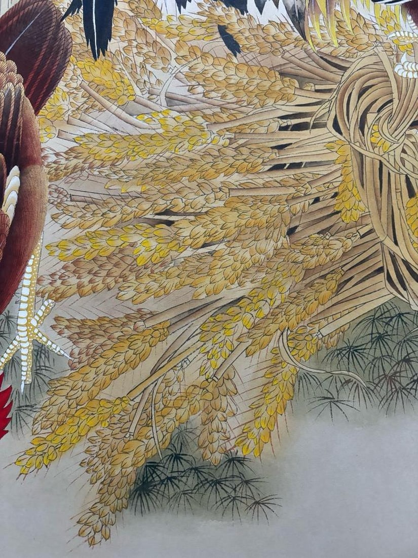Auspicious Cocks with Harvest Bundle Inspired Scroll Painting - 7