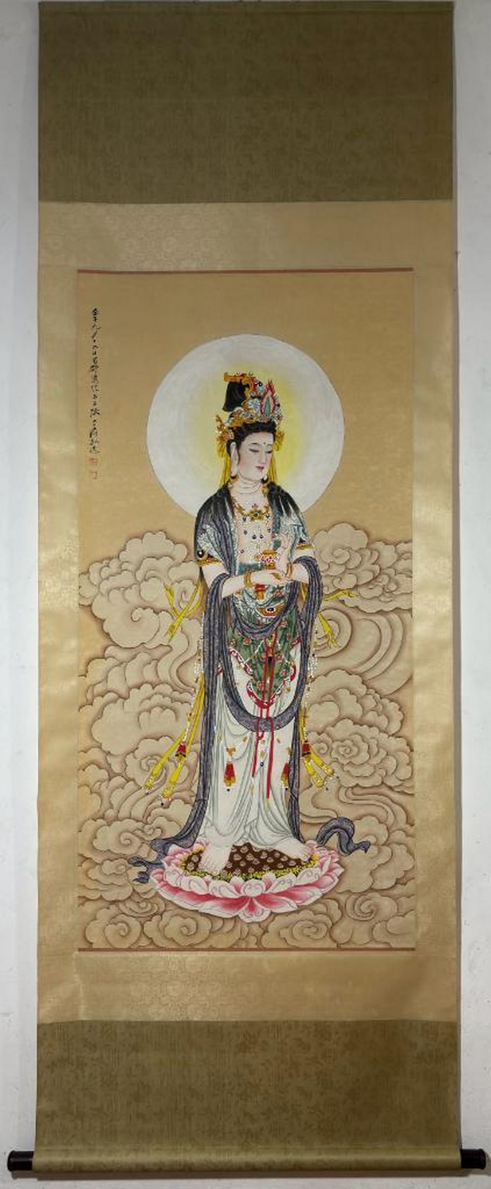 Radiance of Compassion Inspired Hand Painted Scroll: Radiance of Compassion Inspired Hand Painted Scroll In this luminous scroll painting inspired by Zhang Daqian, Guanyin, the Bodhisattva of Mercy, is depicted standing gracefully atop a grand lotus flo