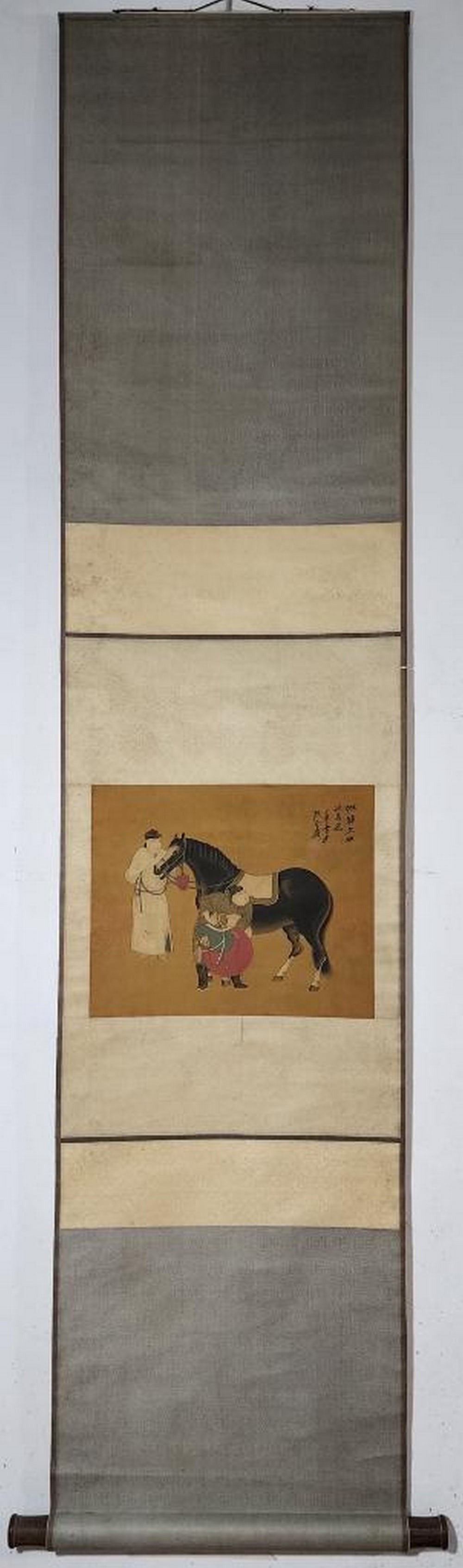 Readying the Journey Inspired Scroll Painting: Readying the Journey Inspired Scroll Painting In this expressive silk scroll inspired by Zhang Daqian, a moment of quiet preparation is captured with elegance and precision. A strong, noble horse stan