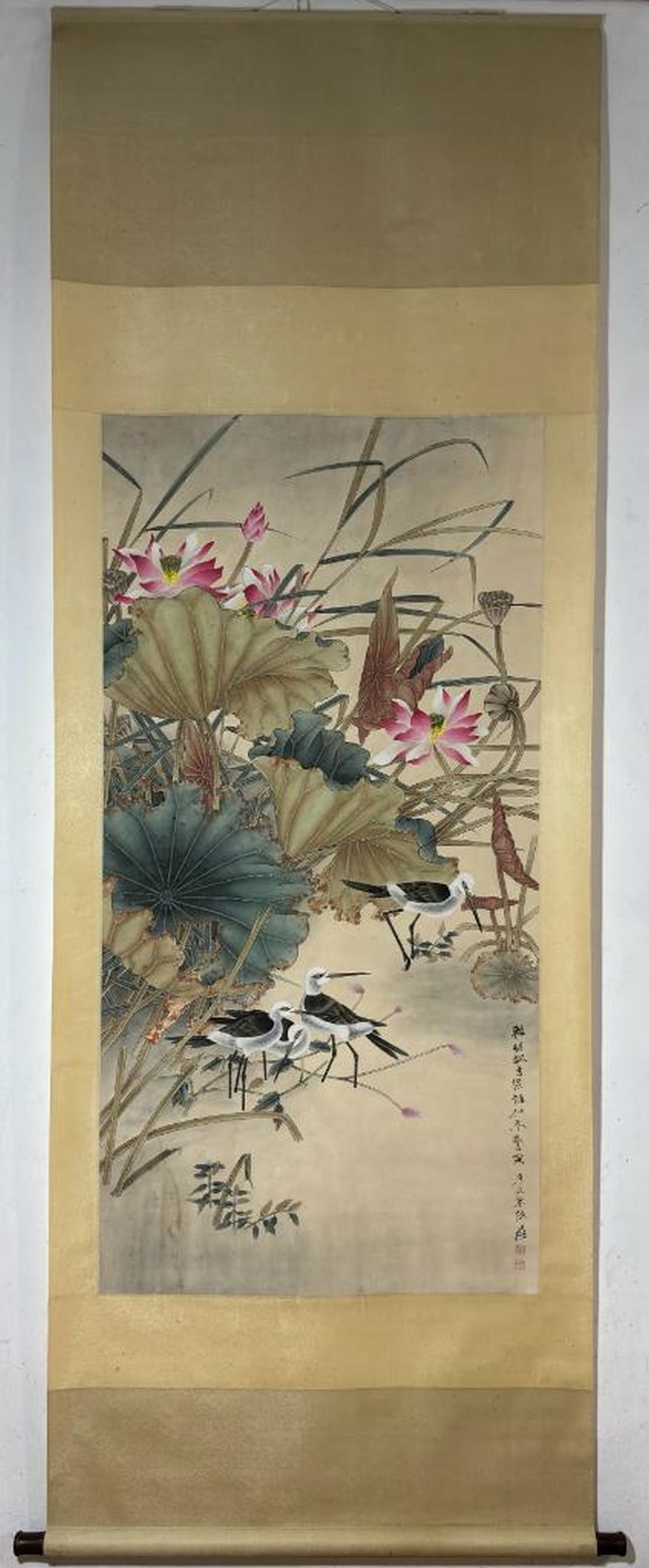 Black-Winged Stilts and Lotus Scroll Inspired Painting: Black-Winged Stilts and Lotus Scroll Inspired Painting This evocative handpainted scroll inspired by Zhang Daqian presents a poetic vision of nature’s scale and serenity. Delicate black-winged