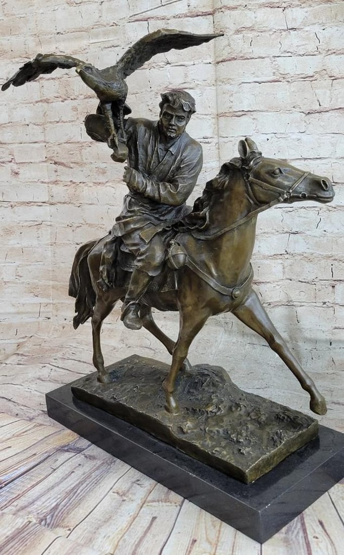 Hunter on Horseback with Eagle Bronze Sculpture by E. Nahcepe – 21" x 21" (1 of 6)