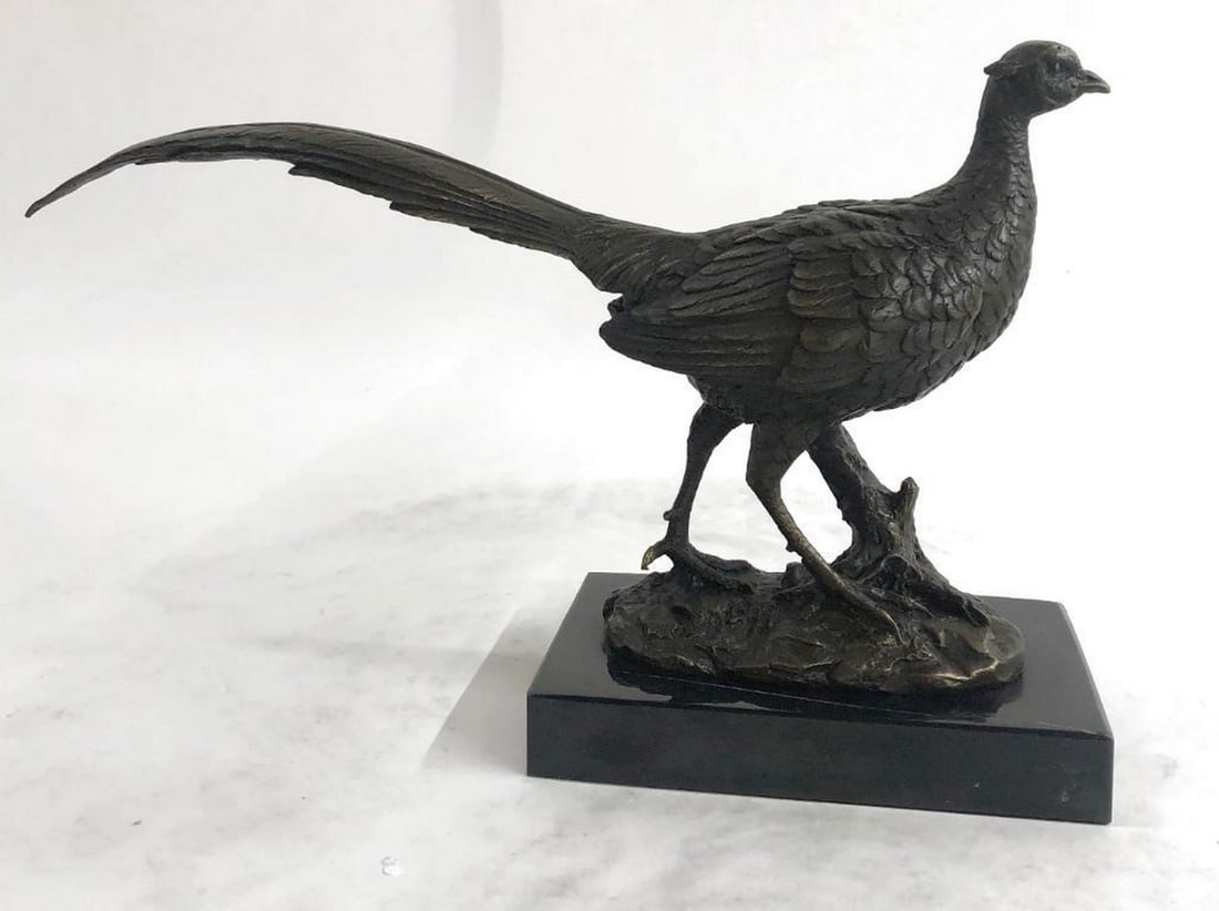 Original Pheasant Bronze Sculpture On Marble Base - 8" x 12.5": Original Pheasant Bronze Sculpture On Marble Base - 8" x 12.5" The pheasant is captured in a slowed down moment of action. Startled, the extravagant male, leans forward on it's perch, lett