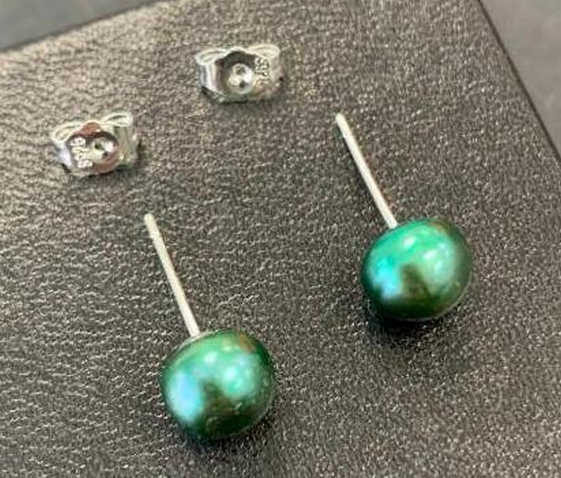 Green Pearl Stud Earrings - 2