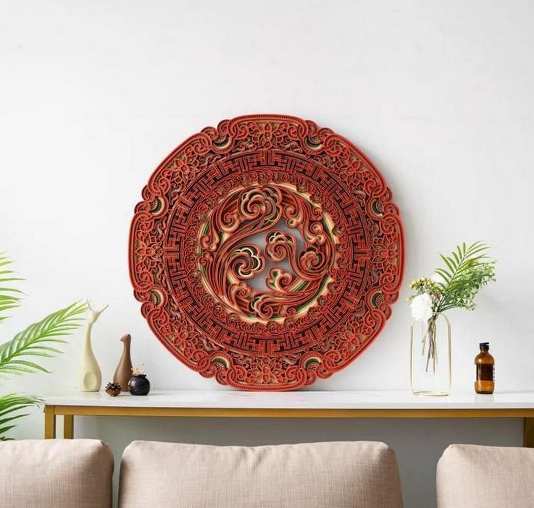 Lucky Disc Layered Wood Wall Art: Lucky Disc Layered Wood Wall Art This striking multi-layered wood wall art features an intricate mandala-inspired design, symbolizing harmony and good fortune. Precision laser-cut from MDF and hand-as