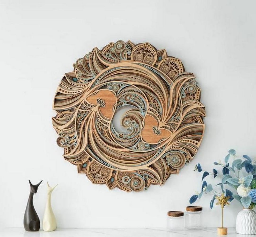 Koi & Lotus 3D Layered Wood Wall Art: Koi & Lotus 3D Layered Wood Wall Art This exquisite multi-layered wooden wall art captures the harmony of koi fish and lotus flowers in a mesmerizing geometric design. Precision laser-cut and meti