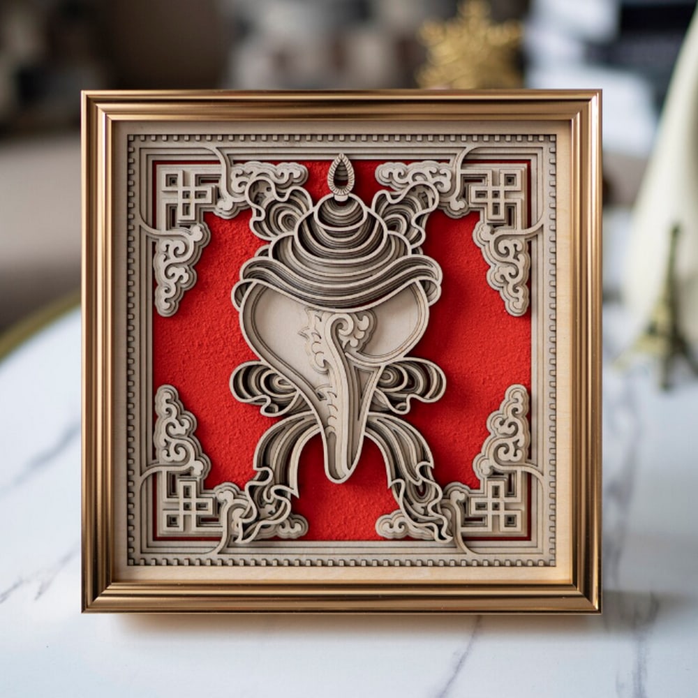 Shanka Multi-layer Laser Cut Wood Carving: Shanka Multi-layer Laser Cut Wood Carving This multi-layer wood art brings a graceful and unique charm to your home. Crafted with intricate patterns, it offers a visually captivating experience. Ideal