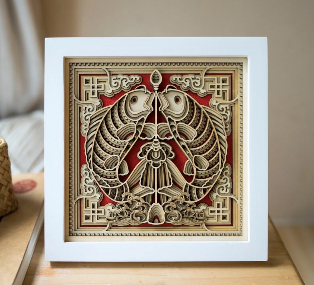 Leaping Koi Multi-layer Laser Cut Wood Carving: Leaping Koi Multi-layer Laser Cut Wood Carving This multi-layer wood art would add a graceful and unique sight for your home. Specially designed with extremely detailed patterns serve you a wide