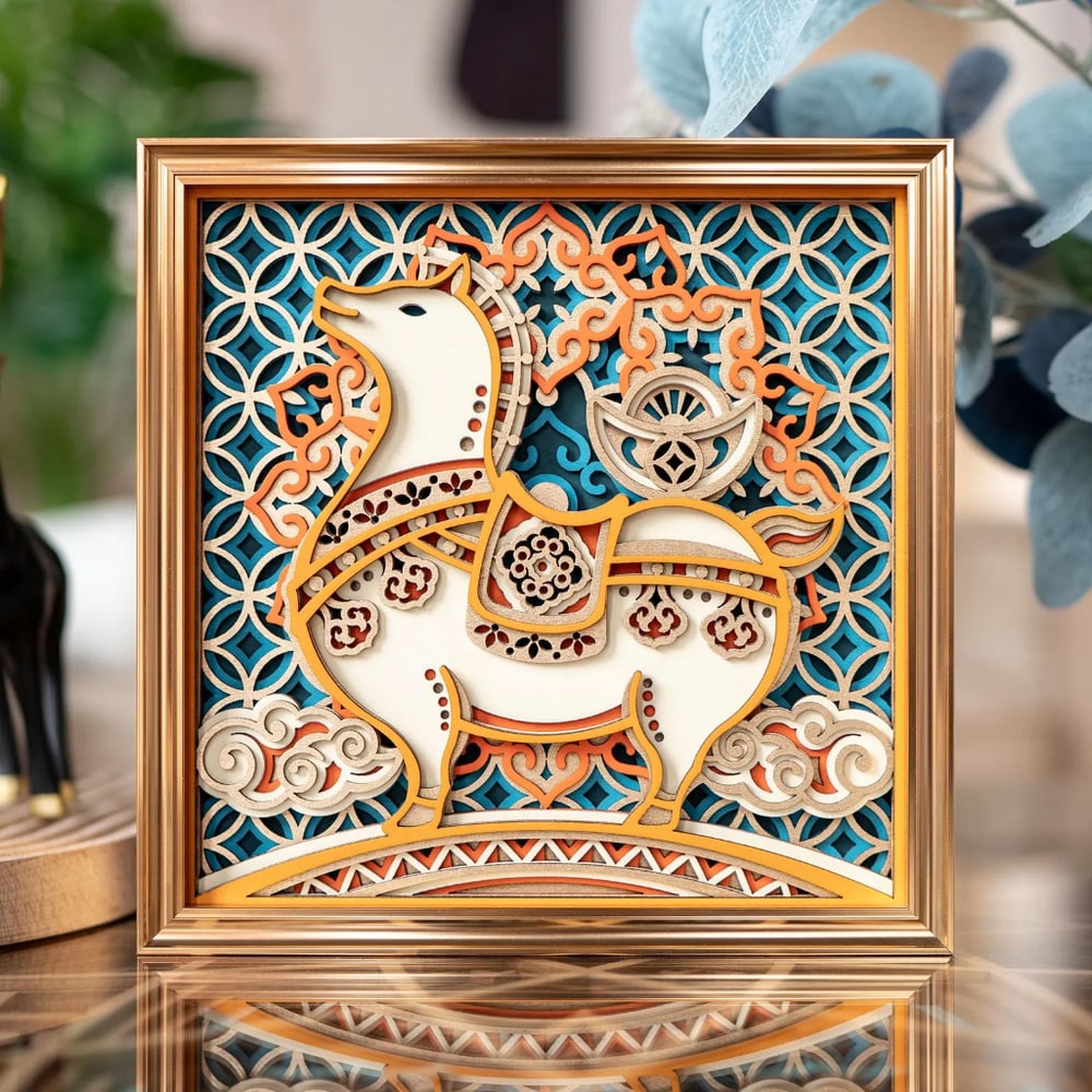 Wealth Symbol Horse Multi-layer Laser Cut Wood Carving: Wealth Symbol Horse Multi-layer Laser Cut Wood Carving Bring prosperity and good fortune into your home with this multi-layer wooden artwork, inspired by the symbolic imagery of wealth and abundance. 