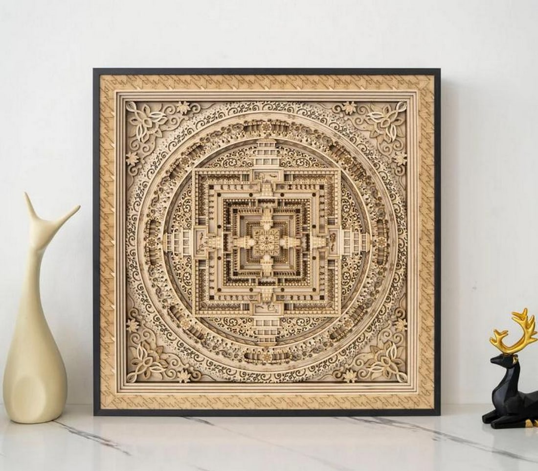 Kalachakra Mandala 3D Layered Wood Wall Art: Kalachakra Mandala 3D Layered Wood Wall Art This Kalachakra Mandala 3D Layered Wood Wall Art is a captivating piece that blends spiritual symbolism with rustic charm. Crafted with precision using