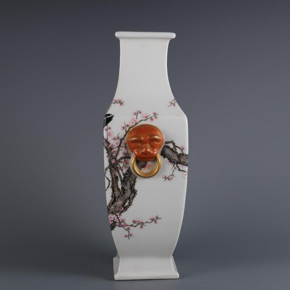 Famille Rose Flower and Bird Square Vase with Animal Handles: Famille Rose Flower and Bird Square Vase with Animal Handles This striking square-form vase is a superb example of imperial famille rose porcelain. Each side of the vase is adorned with a finely paint