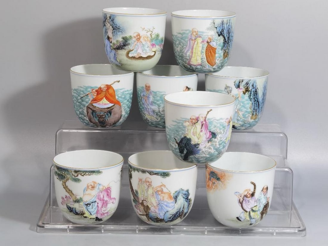 Set of 18 Enameled Cups Featuring the Eighteen Arhats (1 of 9)