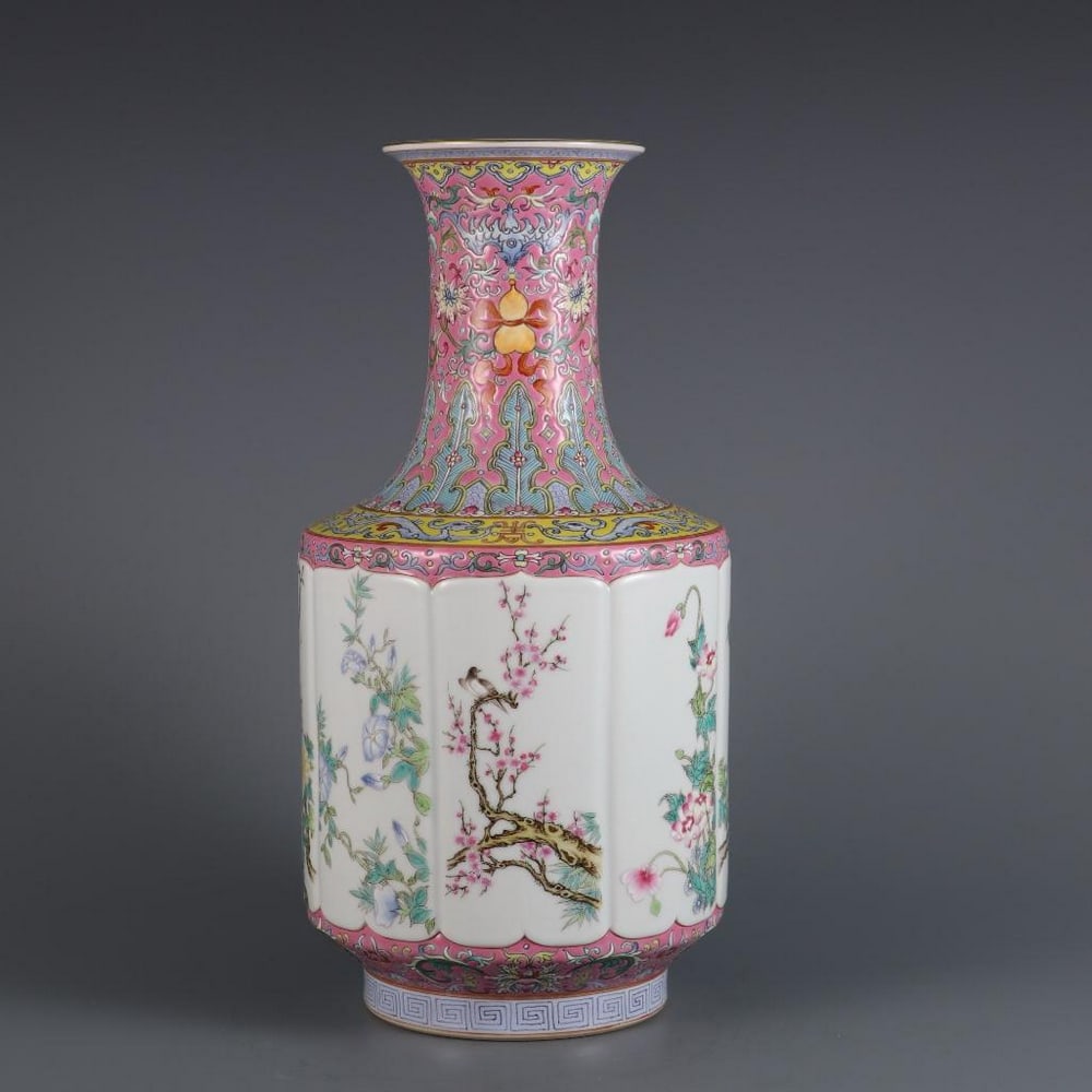 Famille Rose Flower and Bird Appreciation Bottle: Famille Rose Flower and Bird Appreciation Bottle An elegant porcelain appreciation bottle, beautifully decorated in the famille rose palette with a classic flower and bird motif. The slender form is a