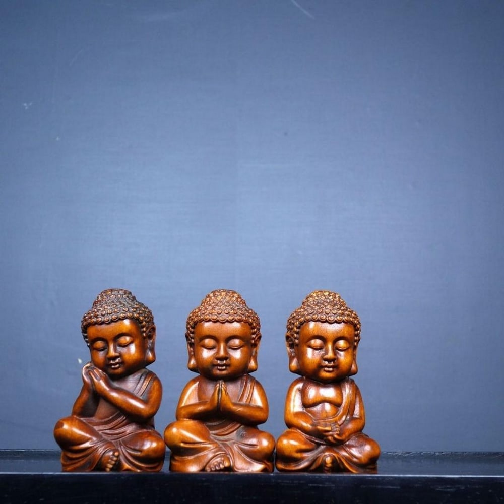 Wood Carved Three Treasure Buddhas Set: Wood Carved Three Treasure Buddhas Set This exquisite old wood carving set features the Three Treasure Buddhas, each seated in serene meditation. Hand-carved with intricate detailing, the figures