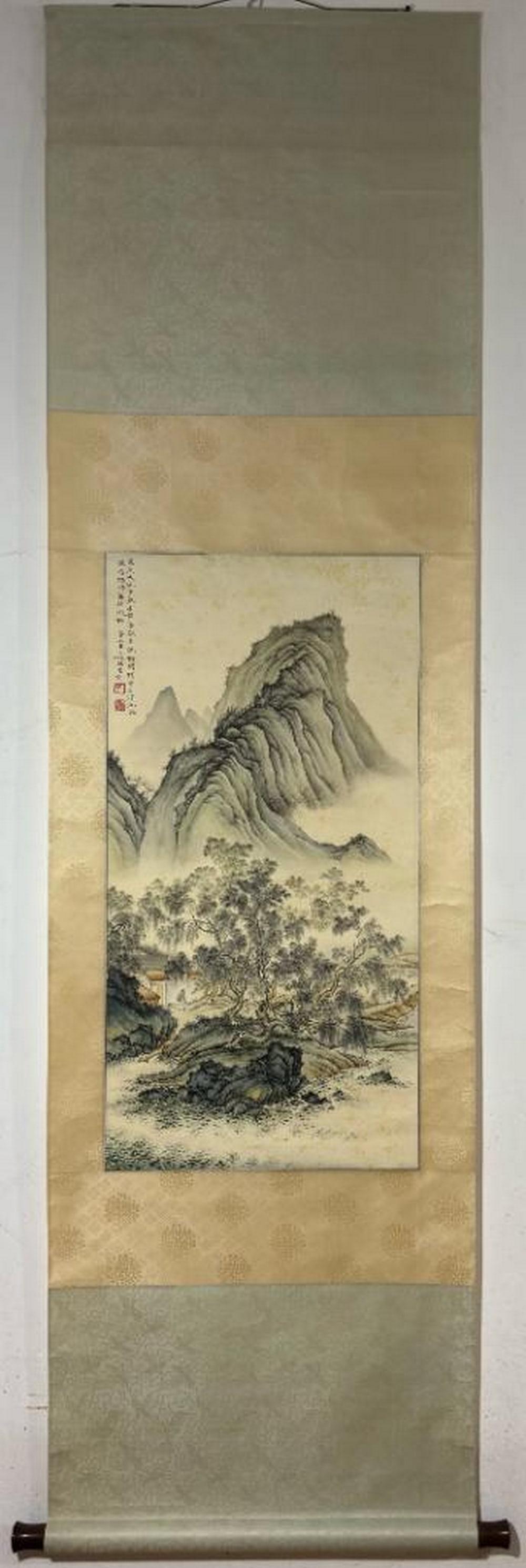 Hand-Painted Landscape Scroll: Hand-Painted Landscape Scroll This stunning hand-painted landscape scroll inspired by renowned artist Chen Shaomei captures a serene and peaceful scene of a small house nestled among trees, set
