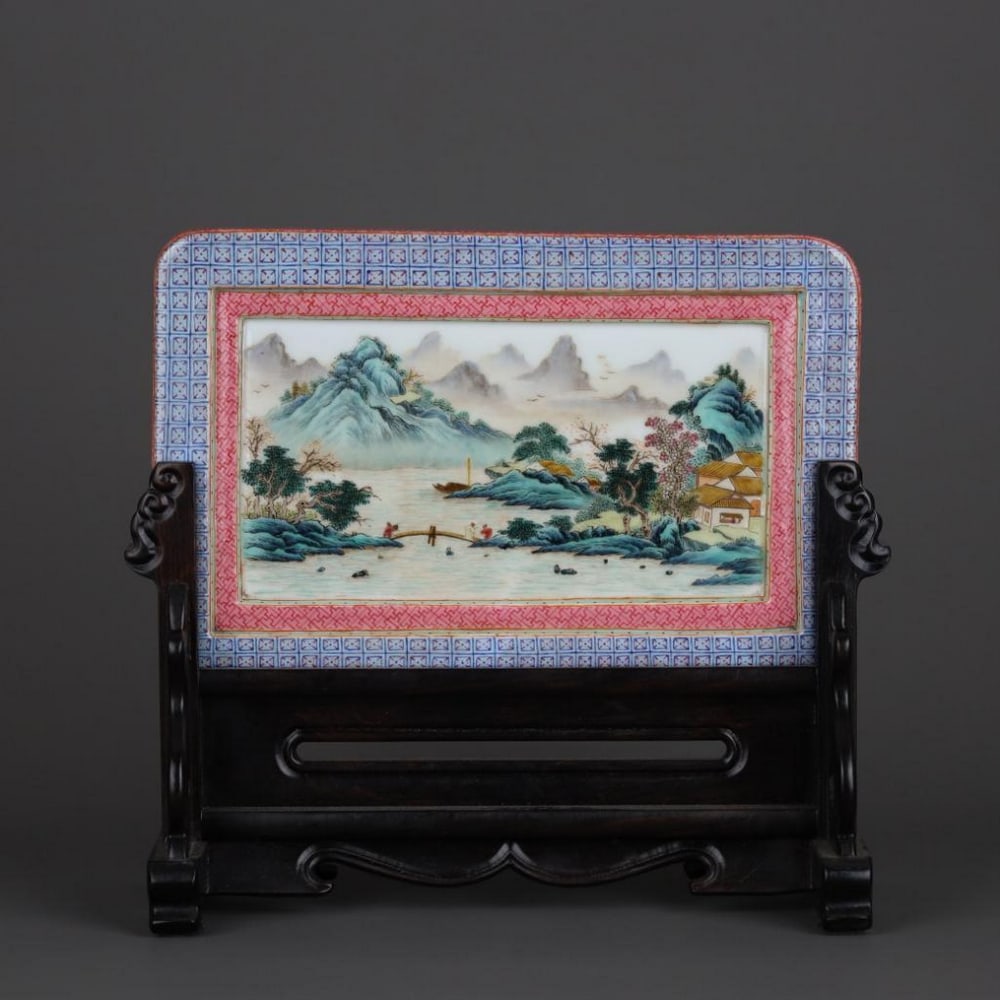 Porcelain Screen with Mountain Retreat Scene: Porcelain Screen with Mountain Retreat Scene An exceptional porcelain screen inspired by Qing Dynasty, exquisitely rendered in the Jindi (gold ground) famille rose palette. The panel depicts a