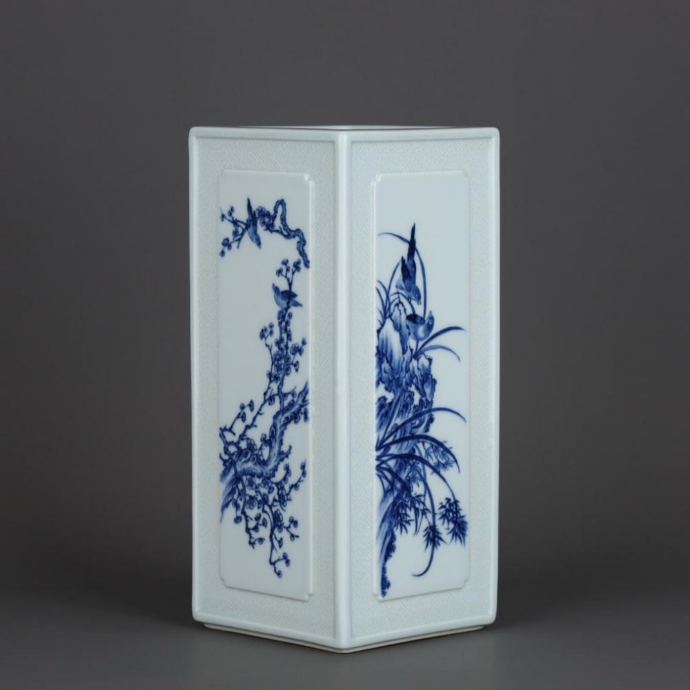 Blue and White Four Seasons Square Vase: Blue and White Four Seasons Square Vase A finely crafted blue and white porcelain square vase inspired from the Republic of China period, bearing the mark of renowned porcelain artist Wang Bu (1898–