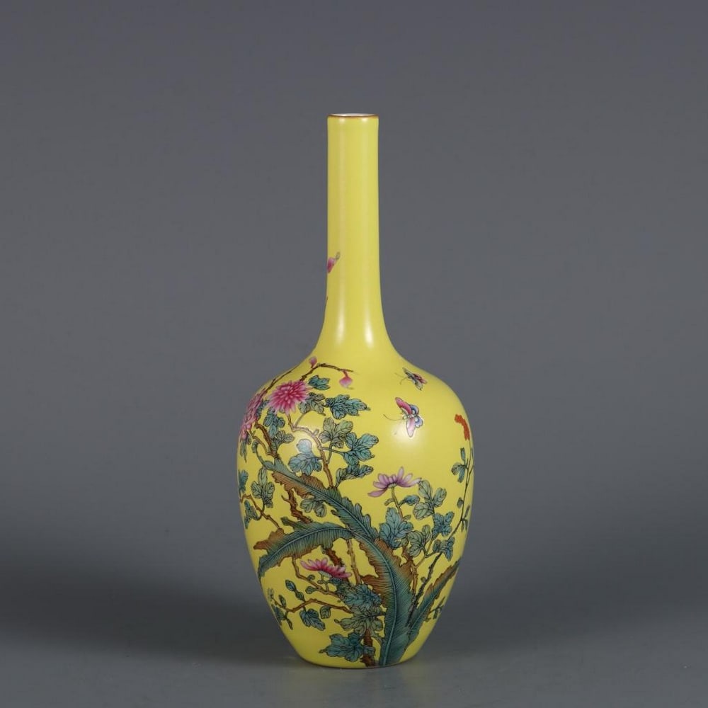 Yongzheng Period Yellow Ground Famille Rose Butterfly Gall Bottle: Yongzheng Period Yellow Ground Famille Rose Butterfly Gall Bottle. This exquisite gall bottle is inspired from the Qing Dynasty’s Yongzheng period (1723–1735), featuring a vibrant yellow ground ad