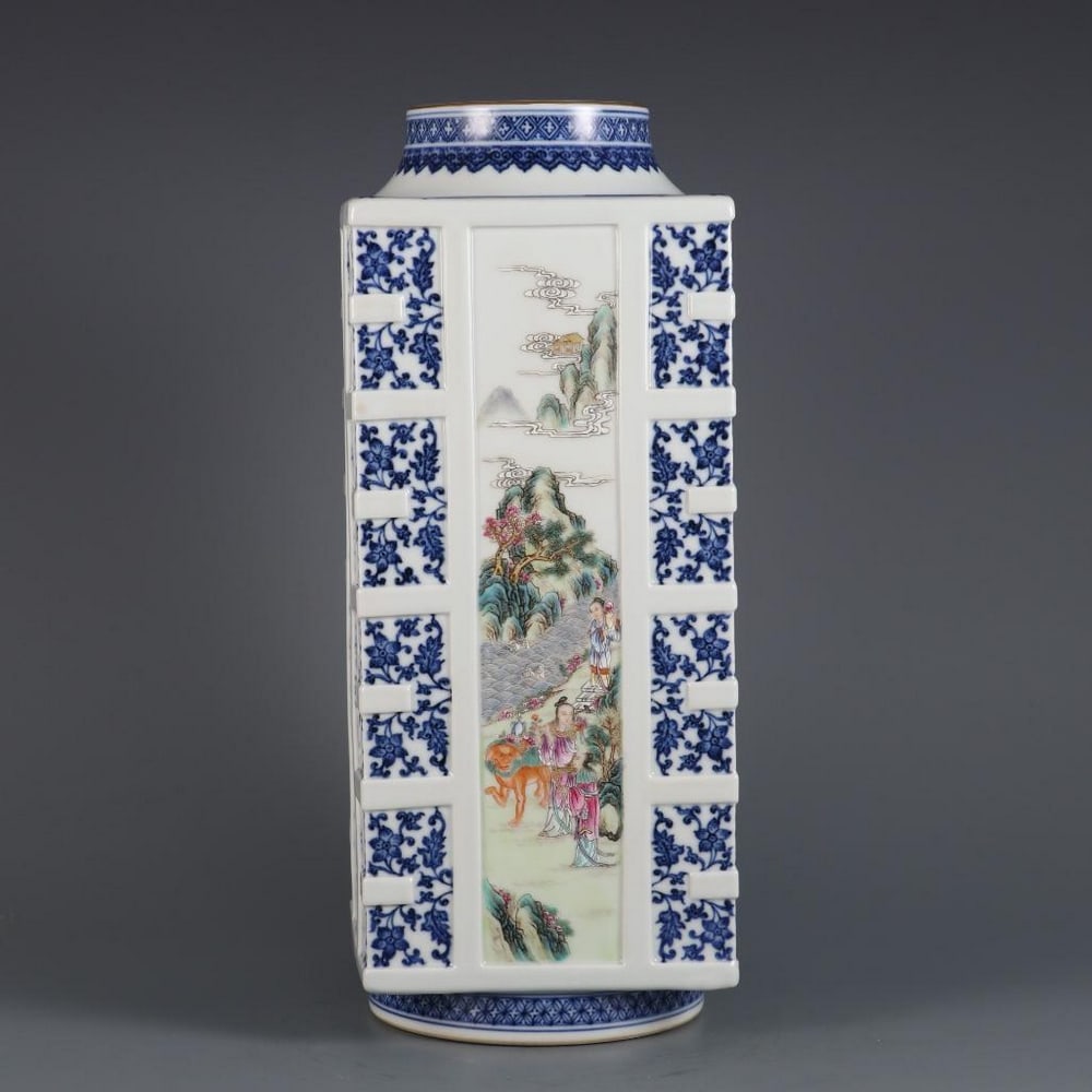 Inspired Blue And White Famille Rose Square Bottle (1 of 9)