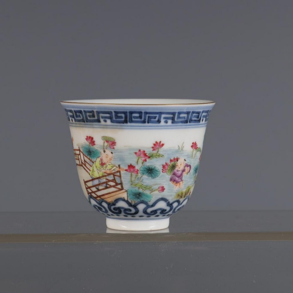 Pair Of Blue and White Famille Rose Qing Dynasty-Inspired Cups: Pair Of Blue and White Famille Rose Qing Dynasty-Inspired Cups. Delight in the joy and innocence of childhood with this exquisite pair of cups, inspired by the Qing Dynasty Qianlong period (1736–179