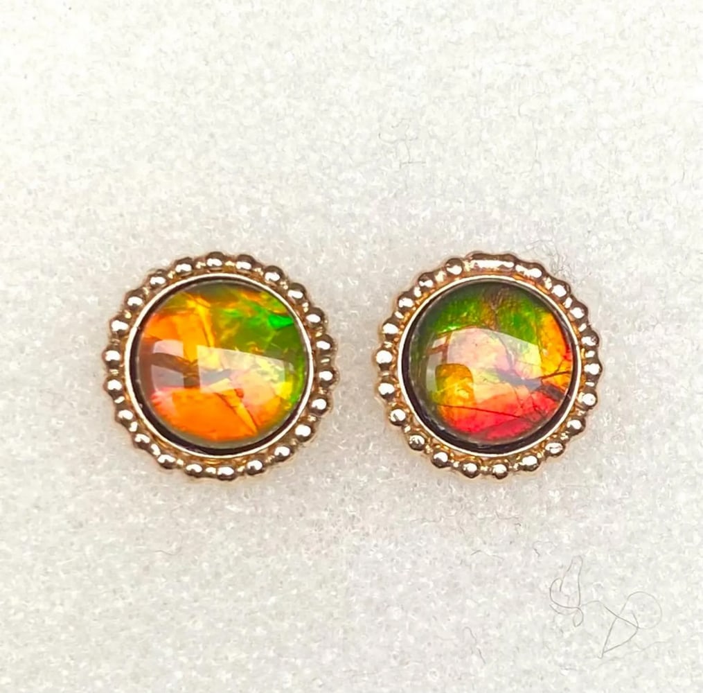 Ammolite Stud Earrings: Ammolite Stud Earrings This pair of Ammolite stud earrings features 8mm triplet gemstones that are bold, flashy, and shift to green at extreme angles, as seen in the photo. Set in durable gold-filled 