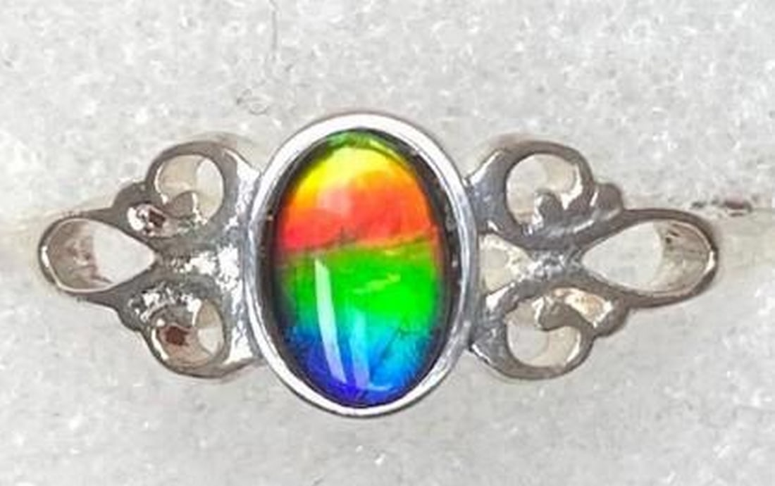 Radiant Eclipse Ammolite Ring: Radiant Eclipse Ammolite Ring The Radiant Ecllipse Ammolite Ring showcases a stunning interplay of yellow, red, green, and blue, reflecting the mesmerizing dance of light during an eclipse. The vibran