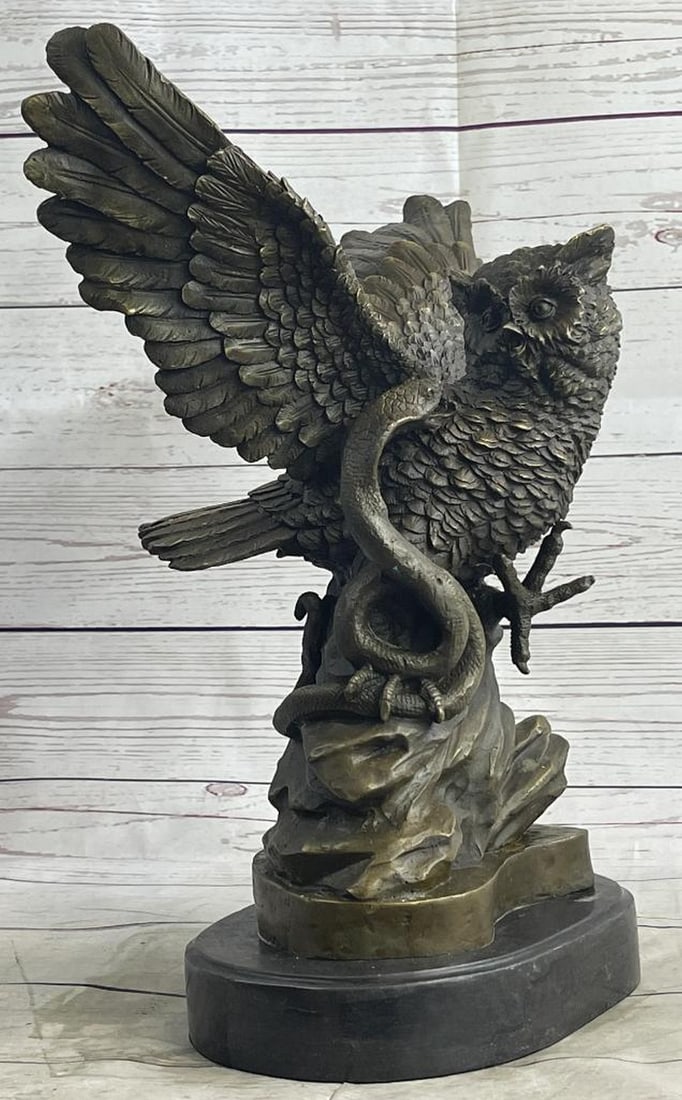 Owl and Snake Bronze Statue Sculpture on Marble Base - 15" x 12": Owl and Snake Bronze Statue Sculpture on Marble Base - 15" x 12" This sculpture of large life size owl is scary but amazingly stunning with its owl wings spread fully as is he just landed on t