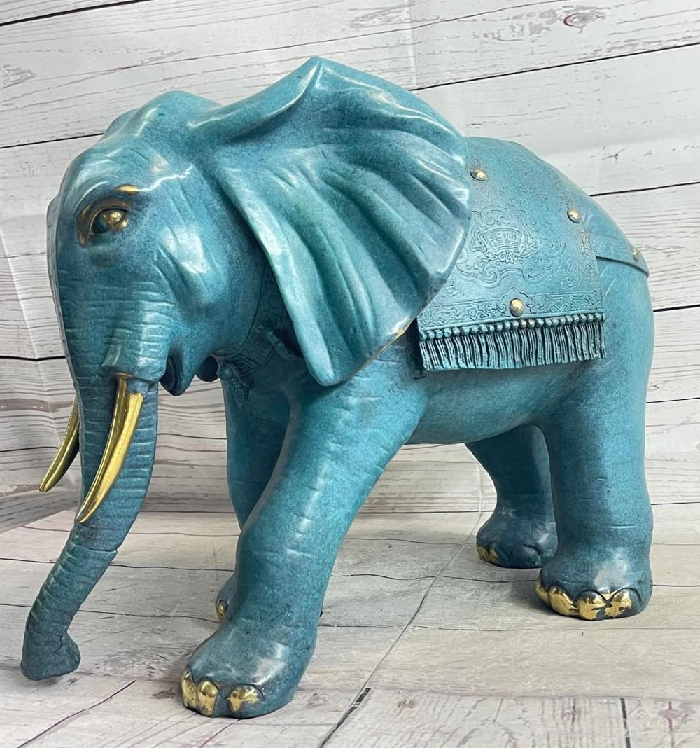 Original Blue Patina Elephant Bronze Sculpture - 12" x 16": Original Blue Patina Elephant Bronze Sculpture - 12" x 16" The members of an elephant clan can be imagined on the banks of a watering hole in the hot plains of Africa. Reaching the final desti