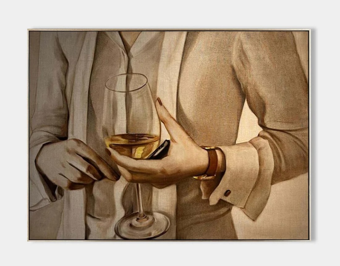 Elegance in a Glass Hyperrealism Canvas Painting: Elegance in a Glass Hyperrealism Canvas Painting This hyperrealistic painting captures the elegance of a modern urban woman, delicately holding a wine glass. The soft lighting and muted tones create
