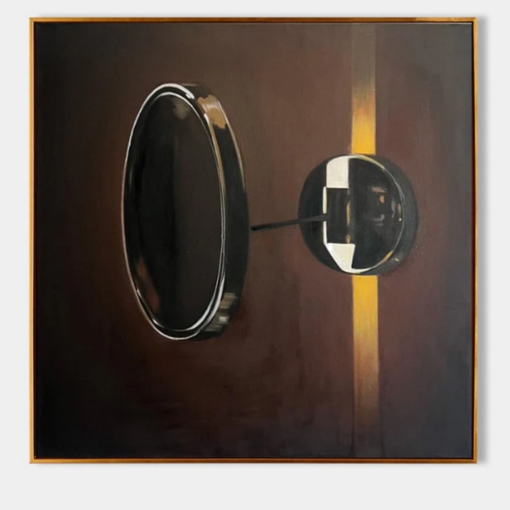 'Reflections in Timein. Hyperrealistic Canvas Painting: Reflections in Time Hyperrealistic Canvas Painting This painting captures a mysterious interplay of light and shadow, featuring a dark, abstract backdrop punctuated by two distinct circular objects.