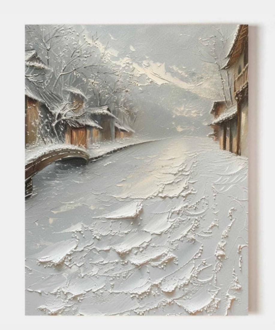 Silent Snowfall Textured Canvas Painting: Silent Snowfall Textured Canvas Painting This enchanting painting captures a peaceful winter scene in a quaint village. A thick blanket of snow covers the street, showing footprints and tire tracks