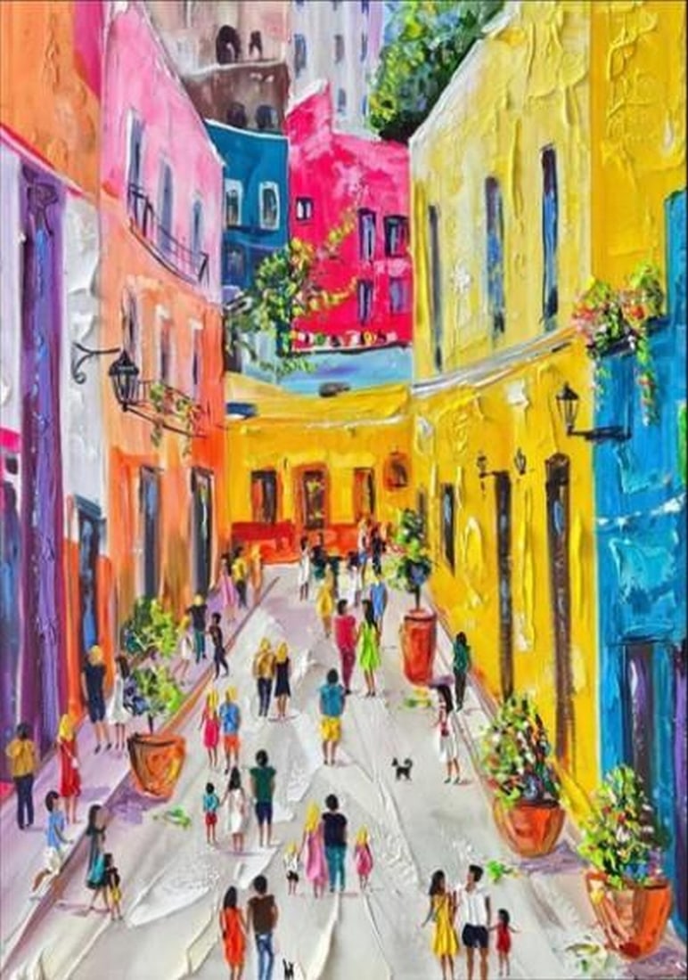 City of Light: City of Light City of Light bursts with energy and color, capturing the rhythm and vibrancy of urban life in bold oil strokes. Towering buildings, glowing windows, and lively streets are reimagined