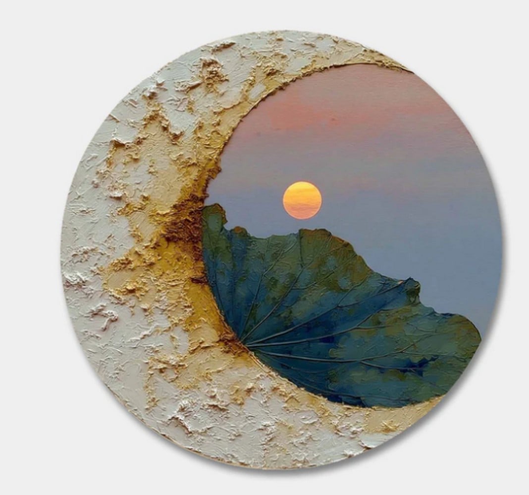 Lunar Stillness Round Canvas Painting: Lunar Stillness Round Canvas Painting Bathed in silvery light, Lunar Stillness captures the quiet majesty of the moon suspended in a tranquil night sky. This round canvas painting blends soft gradient