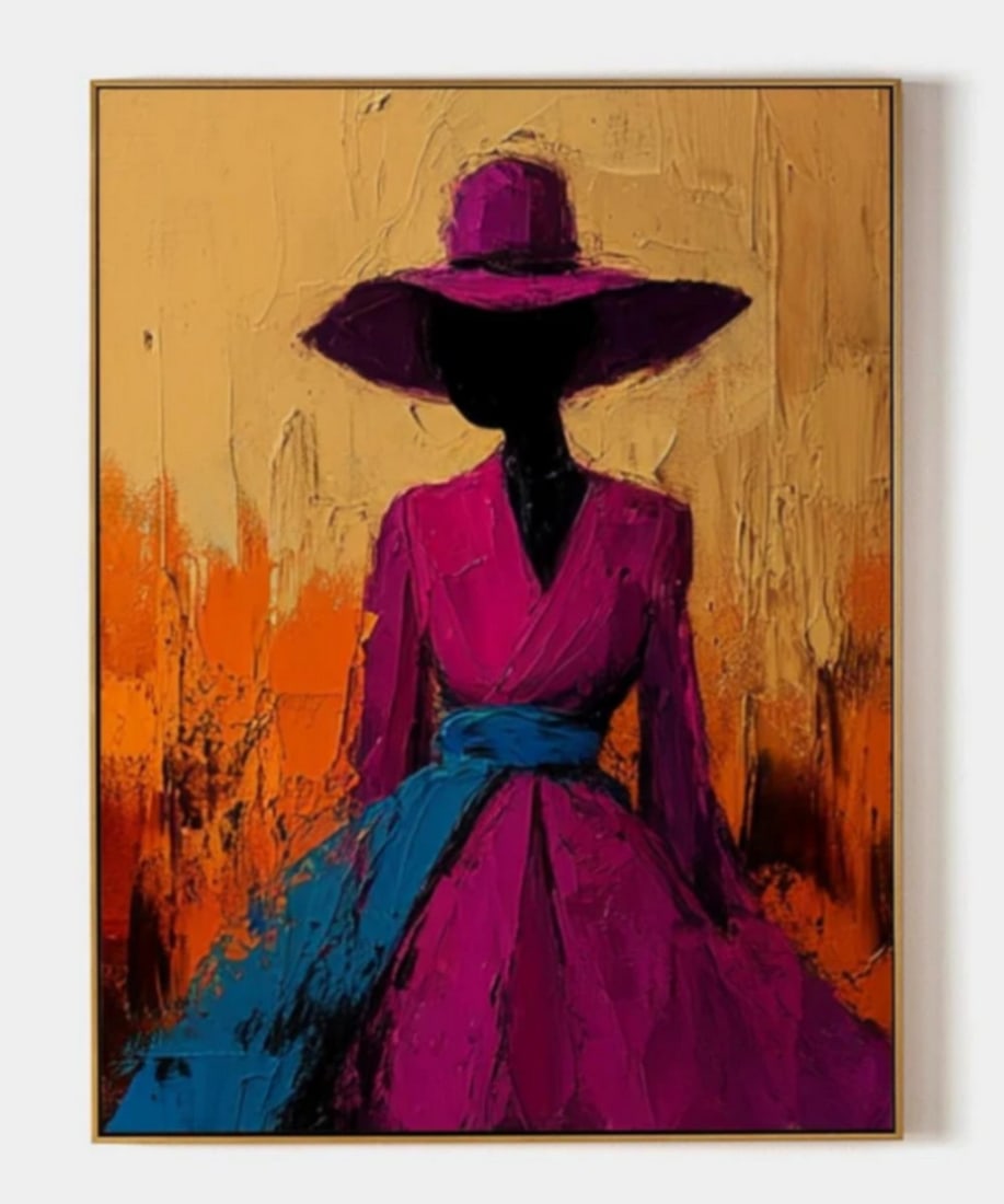 'The Poise of Colorin. Abstract Art Canvas Painting: The Poise of Color Abstract Art Canvas Painting This painting exudes sophistication and mystery, depicting the graceful silhouette of a woman adorned in a striking magenta dress with a wide blue
