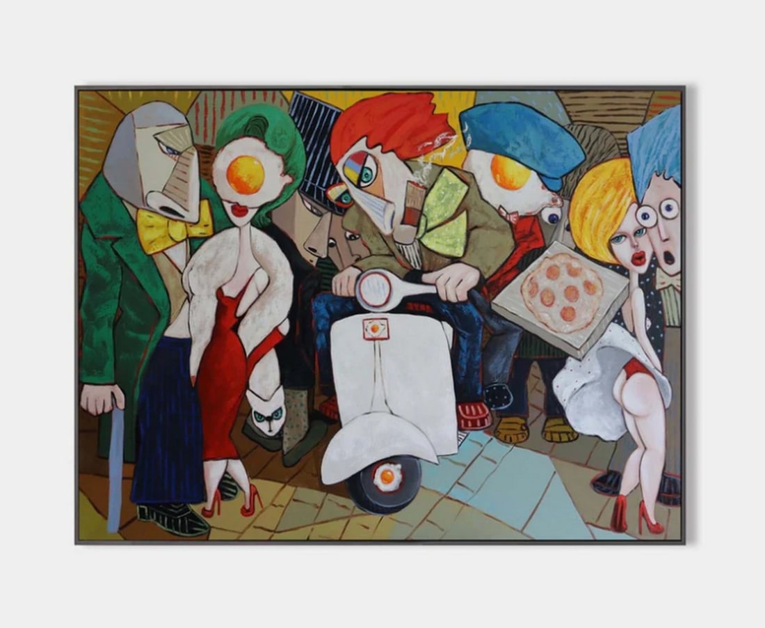'Rush Hour Reveriein. Pop Art Canvas Painting: Rush Hour Reverie Pop Art Canvas Painting This energetic urban tableau captures the vibrant clash of personalities and motion within a bustling city street. A white scooter rider speeds through the