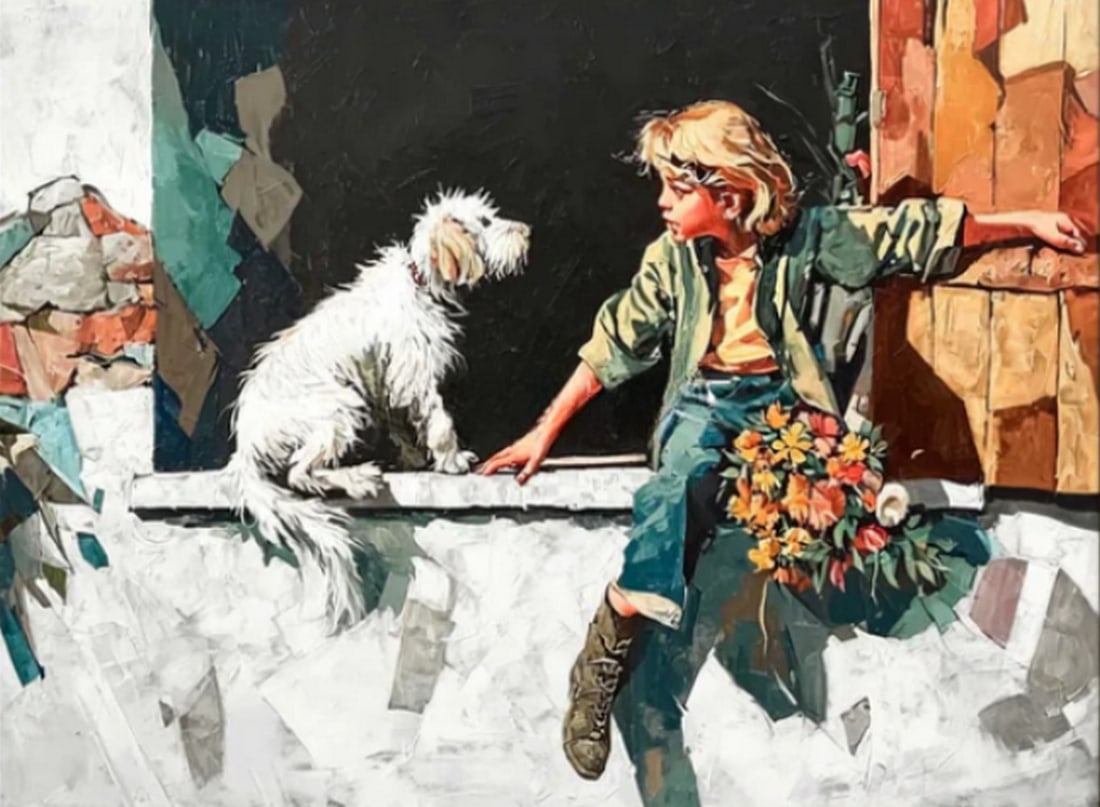 Whispers on the Ledge Canvas Painting: Whispers on the Ledge Canvas Painting A tender moment unfolds between youth and loyalty in this expressive painting. Perched on a ledge, a young person extends a bouquet of flowers toward a serene