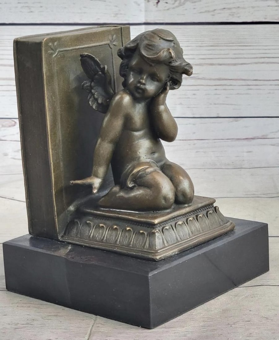 Pair of Bookends Of Bronze Cherubim On Solid Marble Base - 6in. x 4.5in. (1 of 8)