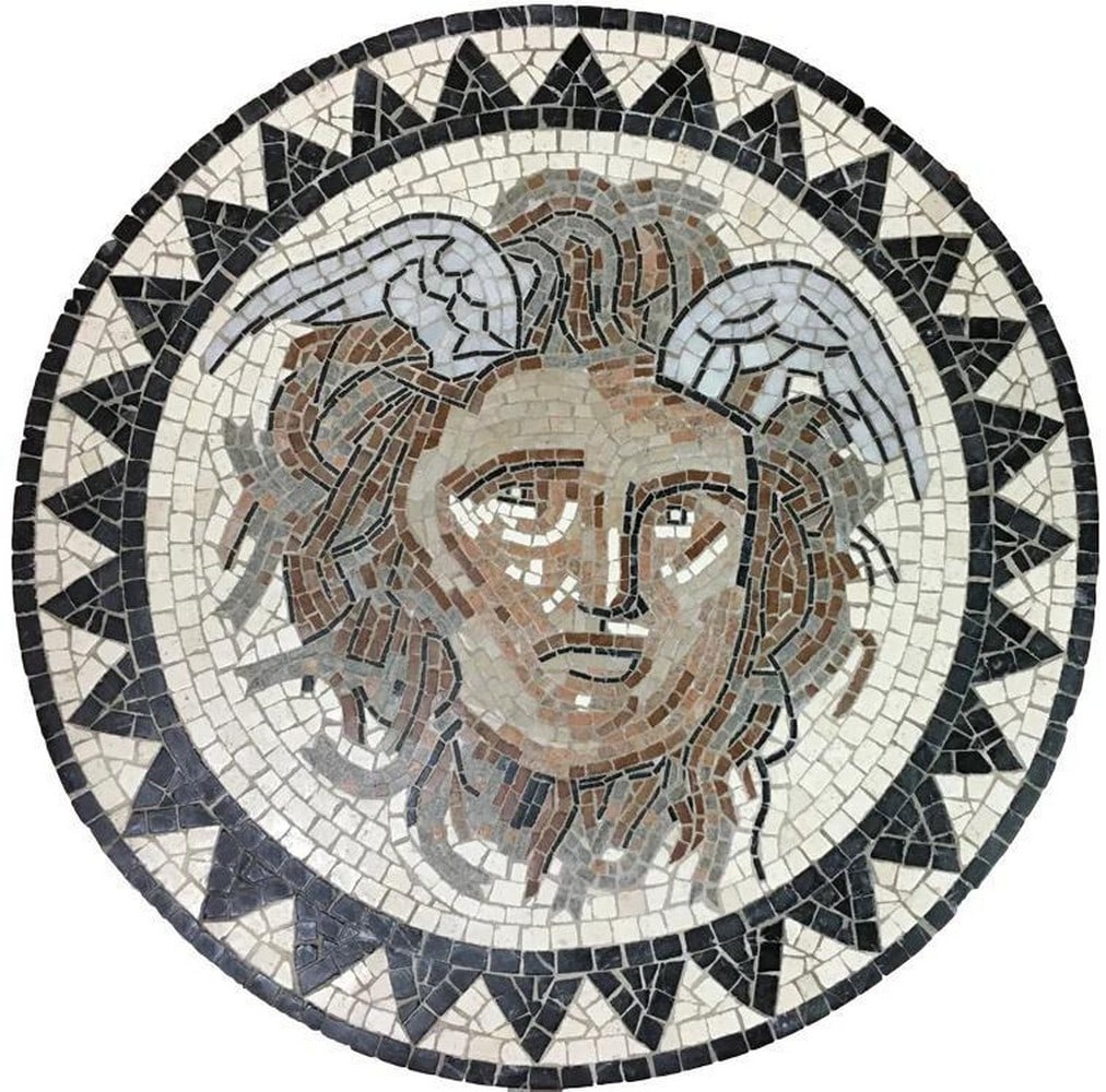 Medusa Mosaic: Medusa Mosaic This mosaic illustrates the head of Medusa. Medusa In Greek mythology Medusa was a monster, a Gorgon, generally described as a winged human female with living venomous snakes in place