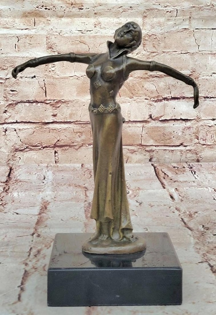 Art Deco Bronze Sculpture of Dancing Maiden with Outstretched Arms - 9.5in. x 7in.: Art Deco Bronze Sculpture of Dancing Maiden with Outstretched Arms - 9.5 x 7 This bronze sculpture captures the grace and movement of a dancing maiden with arms outstretched, her face uplifted, and