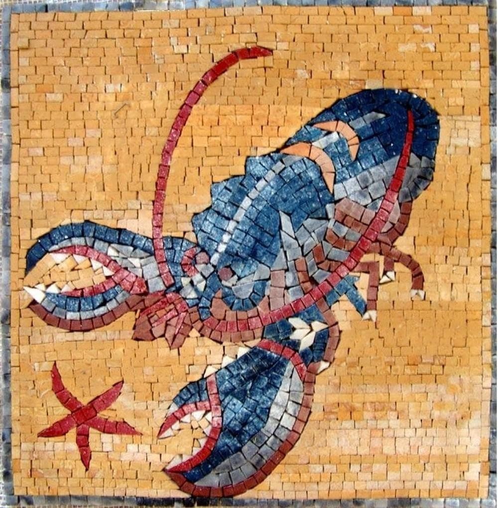 Lobster Mosaic Accent: Lobster Mosaic Accent A handcrafted mosaic featuring a detailed lobster set against a vibrant yellow background. Made from natural stones, this mural combines intricate craftsmanship with durability, 