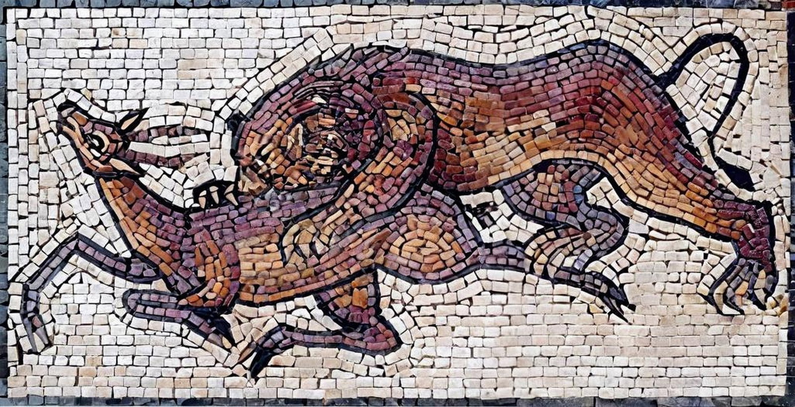 Predator and Prey Mosaic: Predator and Prey Mosaic A handcrafted mosaic depicting a dramatic scene of a deer being hunted by a lion. Made from natural stone tiles, this piece showcases intricate details and rich earth tones, r