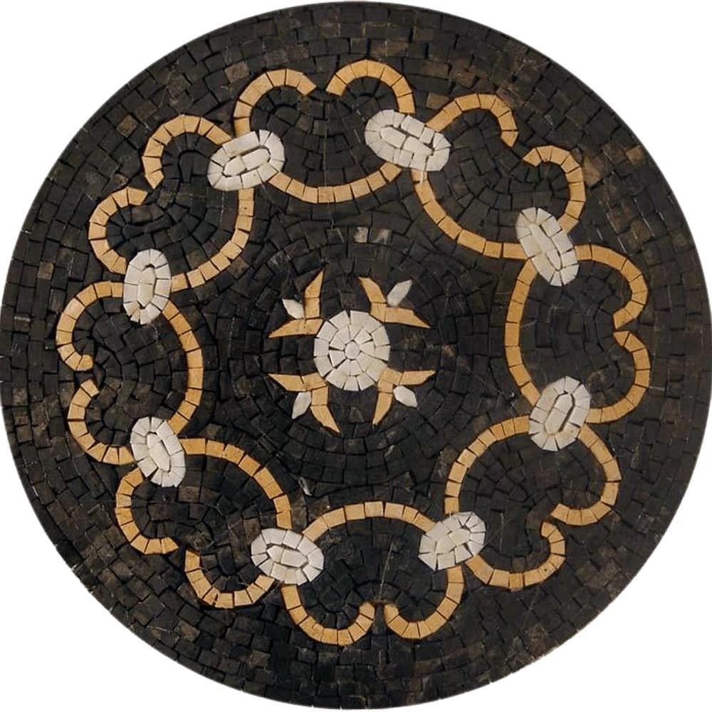 Infinity Round Geometric Mosaic: Infinity Round Geometric Mosaic A round marble mosaic featuring a linked heart geometric design in brown and ivory tones. Handcrafted from natural stone, each piece is unique and may have slight