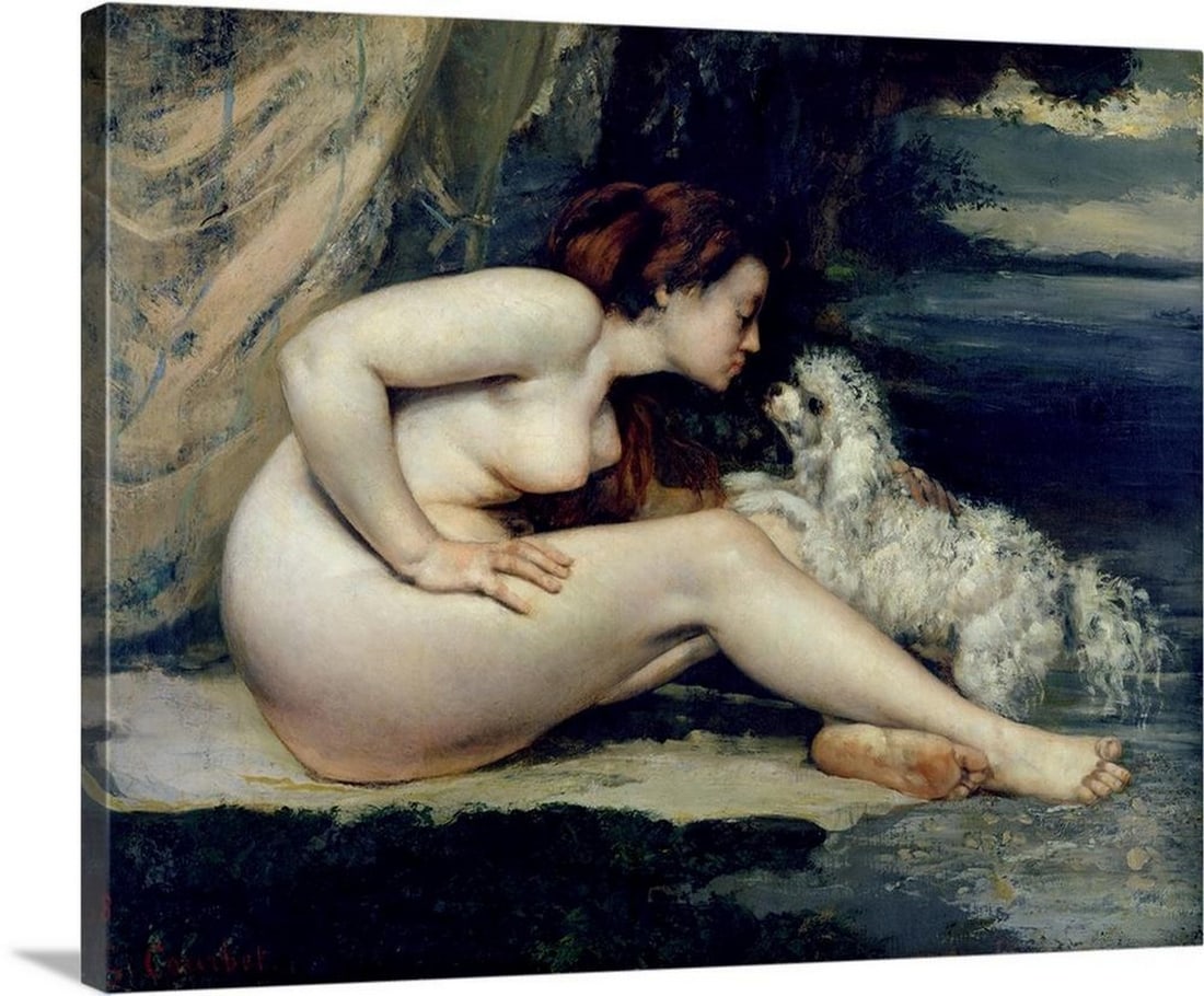 Female Nude with a Dog Canvas Reproduction - 24" ? 20": Female Nude with a Dog Canvas Reproduction - 24" ? 20" This 1861-62 painting by Gustave Courbet portrays Leotine Renaude reclining with a small dog beside her. The composition reflects Courbet