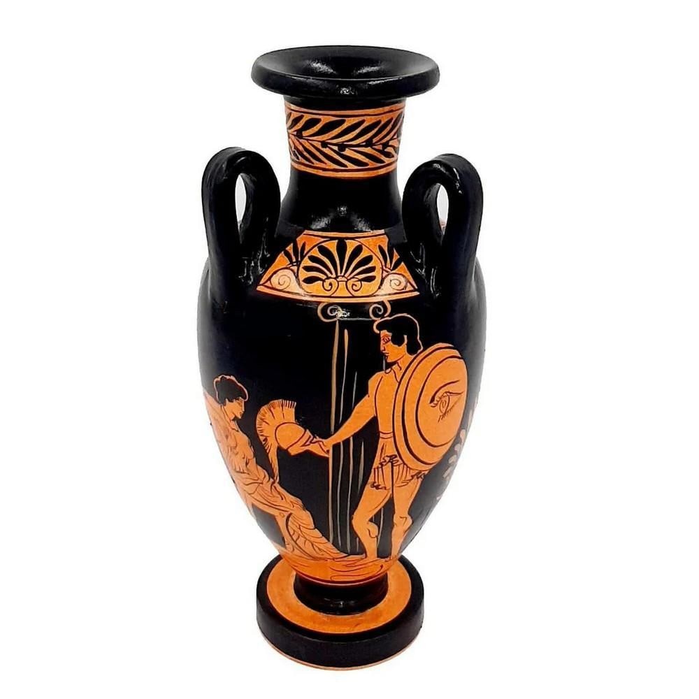 Red-Figure Greek Vase Amphora with 3 Handles - Warrior's Farewell Replica: Red-Figure Greek Vase Amphora with 3 Handles - Warriors Farewell Replica Enhance your decor with an Ancient Greek Amphora reproduction with 3 handles from the 5th century B.C., featuring Red-Figure