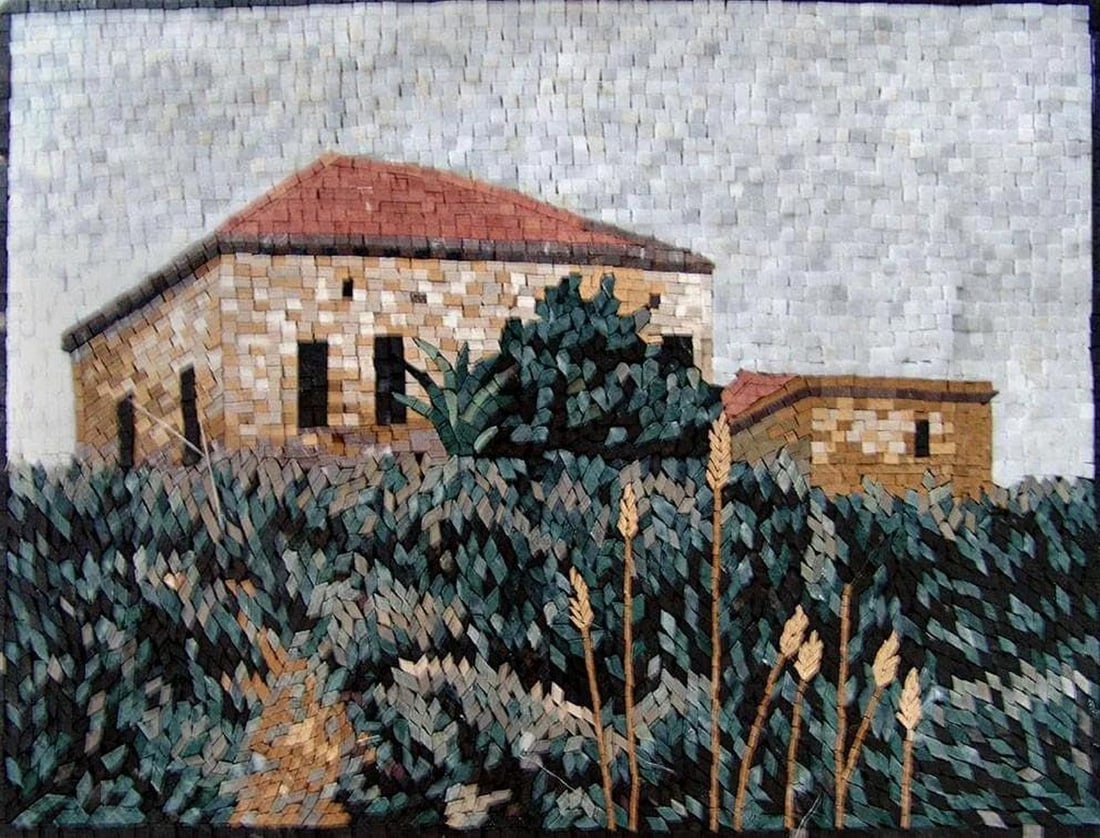 Ancient House on Hill Mosaic: Ancient House on Hill Mosaic A handcrafted mosaic made from natural stone. The design features a small red-roofed house situated on a hill, surrounded by trees and landscape elements. Each stone tile 