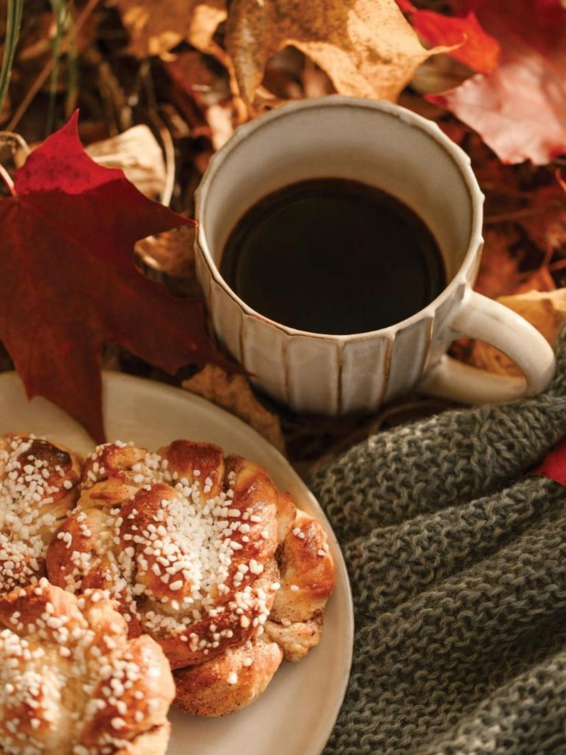 Autumn Treats Poster: Autumn Treats Poster A cozy poster featuring a white mug and pastries with white sprinkles, surrounded by red and brown autumn leaves. The earthy tones make it a warm addition to a kitchen or gallery