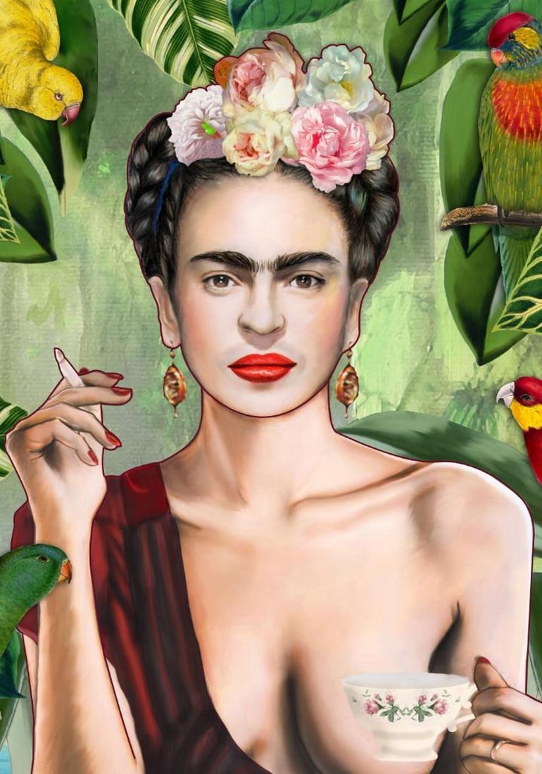 Frida in Color Poster: Frida in Color Poster A vibrant print featuring a classic motif of Mexican artist Frida Kahlo, rendered in tropical colors. The artwork highlights Frida's iconic style and her legacy as a symbol of