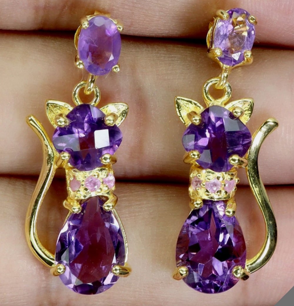 925 Sterling Silver Earrings Pear Amethyst 10x7mm Ruby Cat Gemstone Jewelry (1 of 3)