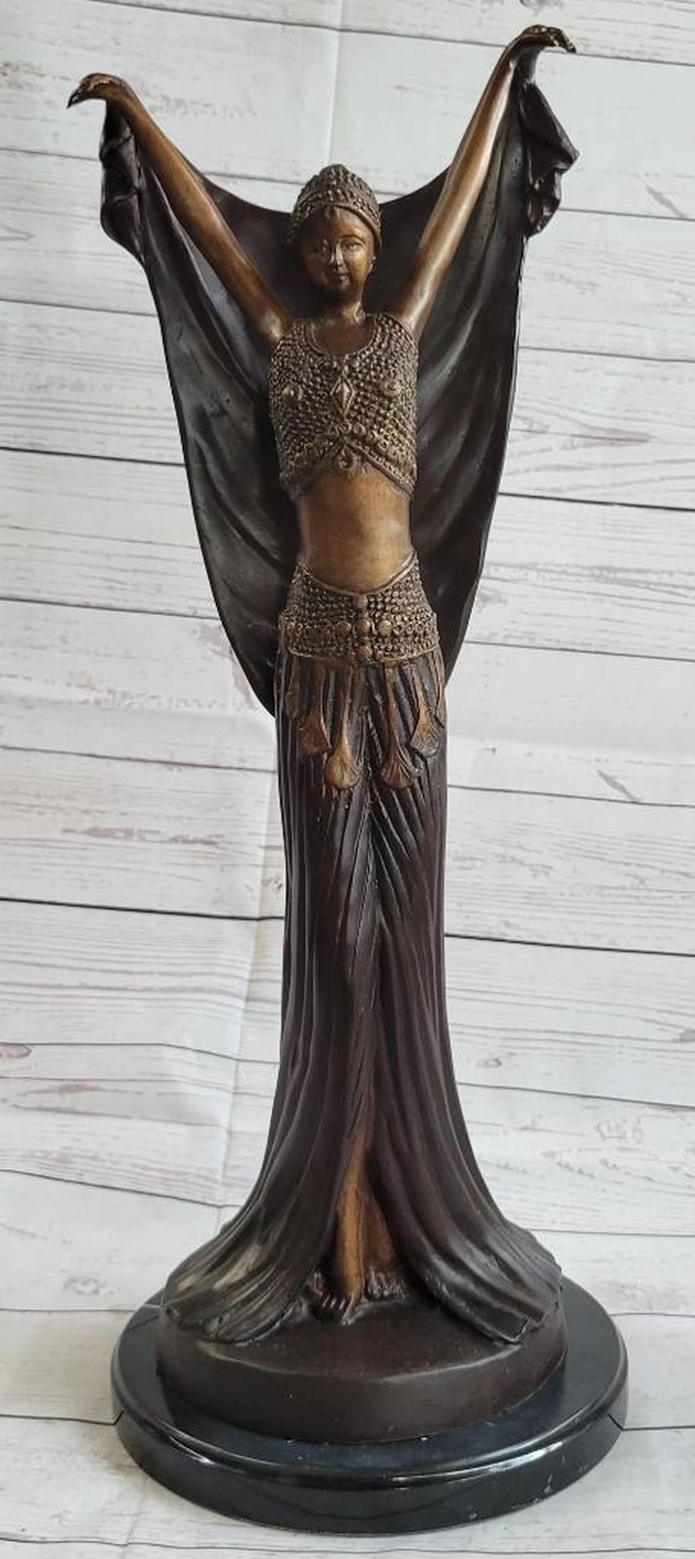 24" Tall Art Deco Inspired Russian Female Dancer with Veil Bronze Sculpture - 20lbs: Delight in the elegance of the Art Deco era with this exquisite Chiparus Russian Dancer Girl with Veil Bronze Statue. This stunning piece, inspired by the master sculptor Chiparus, brings to life the 