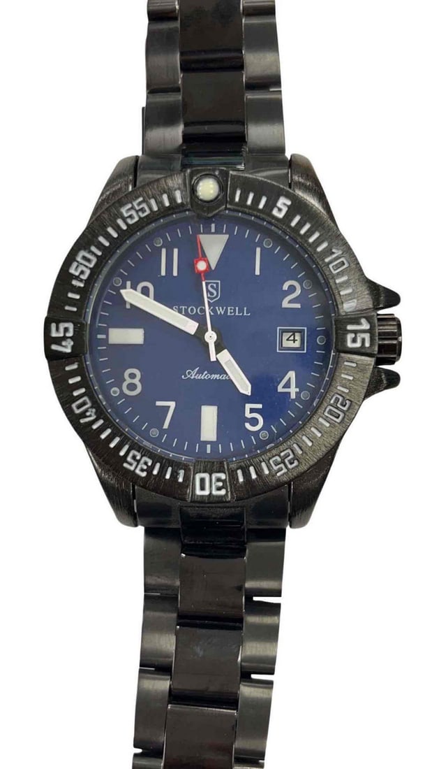 Men's STOCKWELL Automatic Watch, Blue Dial, Black Stainless Steel Strap: Men's STOCKWELL Automatic Watch With A Blue Dial And Black Stainless Steel Strap Elevate your wardrobe with this men's analog watch. The watch features a black stainless steel band with a blue