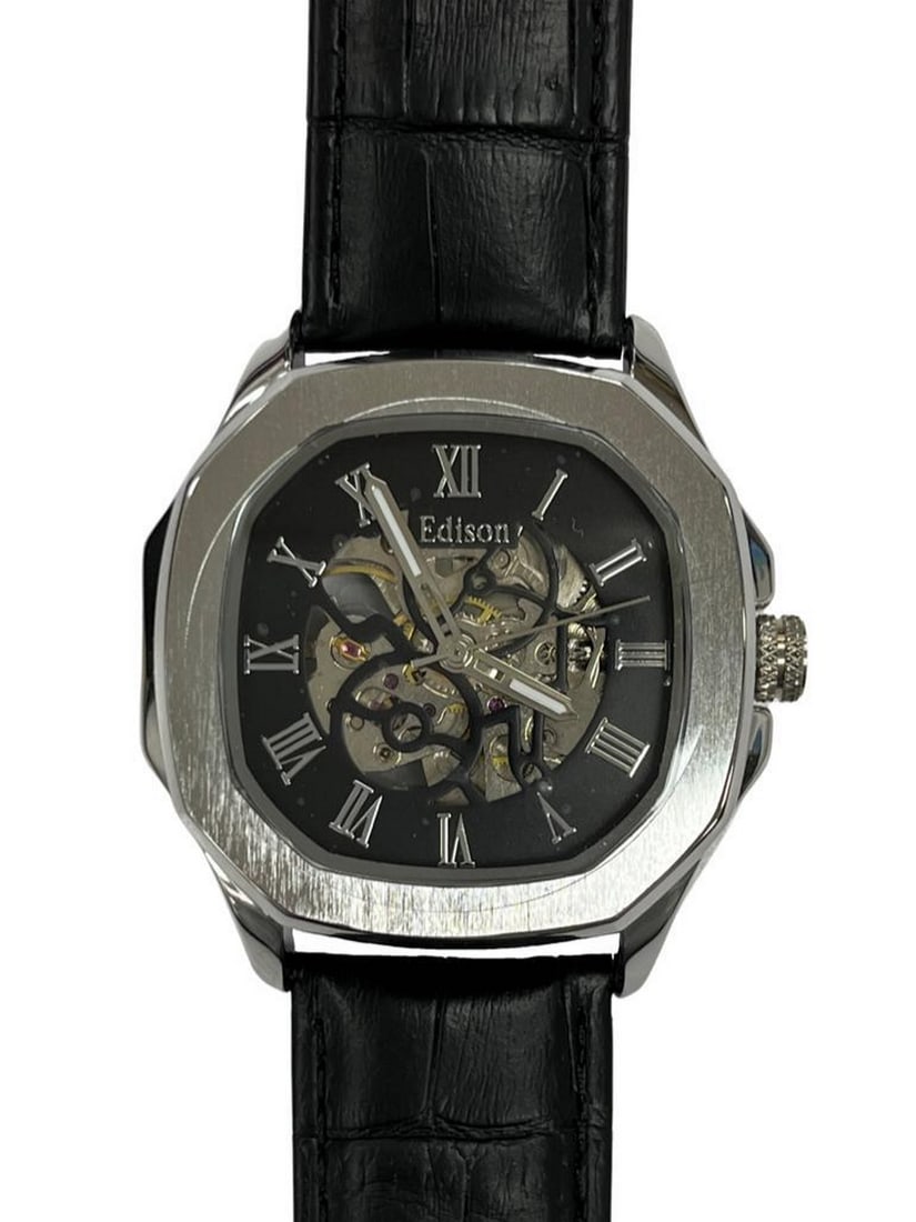 Mens Edison Silver Edition Automatic Steel Dial Chronograph Genuine Leather Band Watch (1 of 2)
